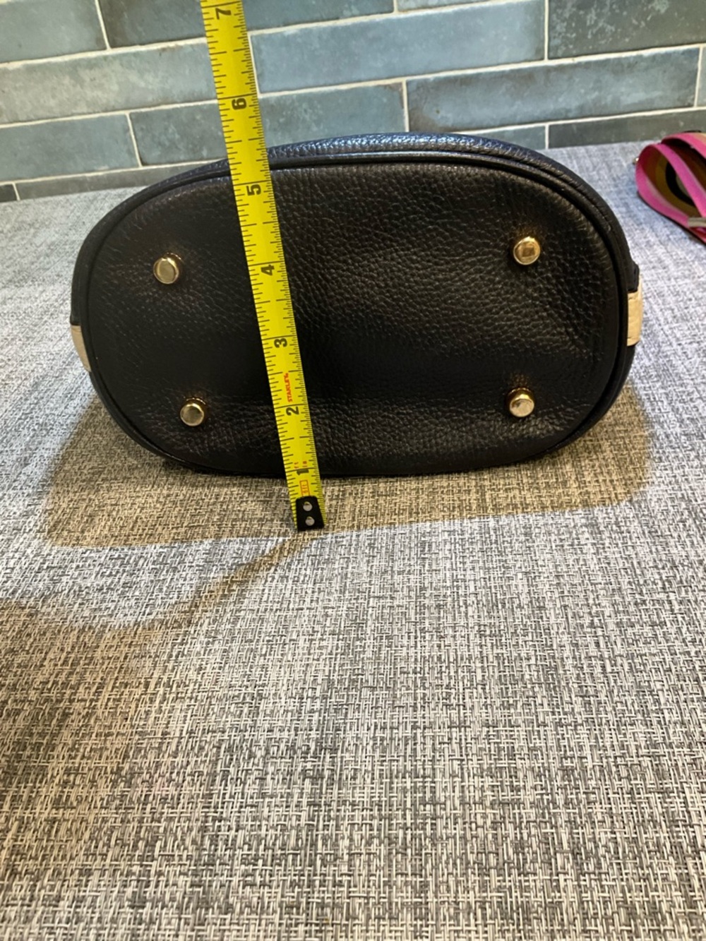 Coach Dempsey Navy Signature Bucket Bag with Tan Accents and Rainbow Strap - Picture 11 of 12